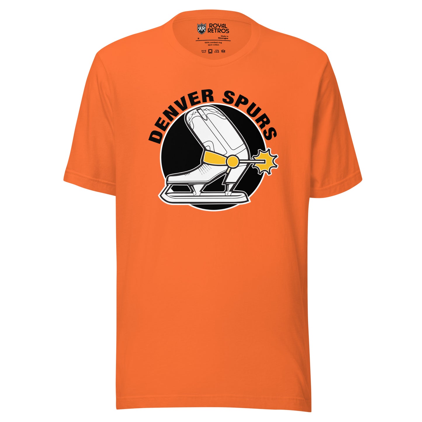 Denver Spurs WHA T-shirt. Orange. Denver Spurs in black arched over black circle. White cowboy boot facing left, coming slightly out of circle. Skate underneath. Gold buckle and spur on boot/skate. Royal Retros