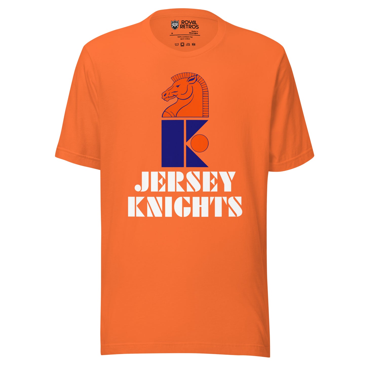 Jersey Knights WHA T-Shirt. Gray. Blue K with Horse Knight head in orange on top facing left. Orange circle next to K. Jersey above Knights both in white below K. Royal Retros