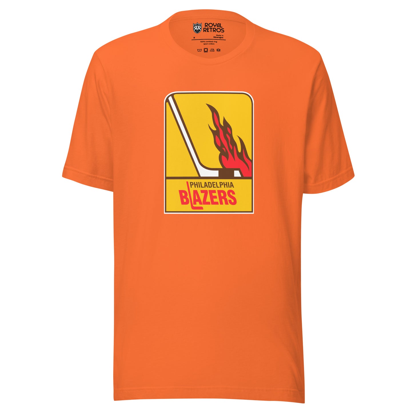 Philadelphia Blazers WHA T-shirt. Orange. Logo is vertical gold rectangle. Hockey stick in white facing right. Flames above the blade. Philadelphia in black small above Blazers larger in red. L is a hockey stick Royal Retros