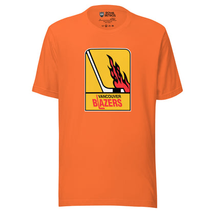 Vancouver WHA T-shirt. Orange. Logo is vertical gold rectangle. Hockey stick in white facing right. Flames above the blade. Vancouver in black small above Blazers larger in red. L is a hockey stick Royal Retros