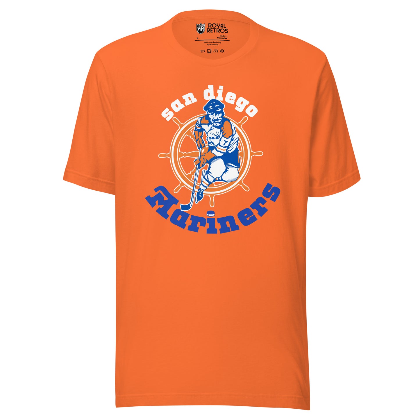 San Diego Mariners T-shirt orange. San Diego arched in white above sailor skating coming at viewer, over orange and white ship's wheel. Mariners in blue arched underneath. Royal Retros