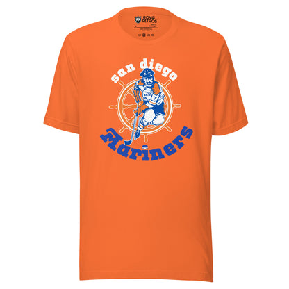 San Diego Mariners T-shirt orange. San Diego arched in white above sailor skating coming at viewer, over orange and white ship's wheel. Mariners in blue arched underneath. Royal Retros