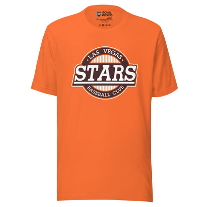 Las Vegas Stars baseball T-shirt orange. White circle with orange trim, Stars in white underlined across middle. Las Vegas in white inside top of circle, Baseball Club in white below inside circle. Royal Retros. 