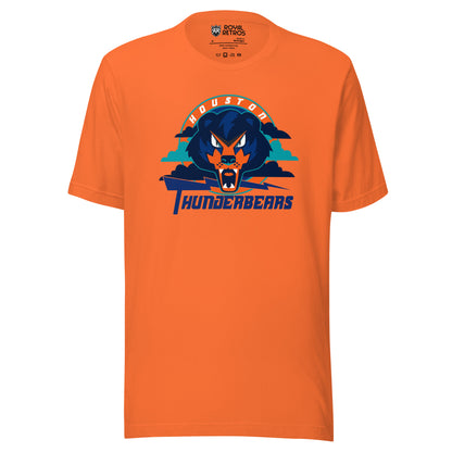 Houston ThunderBears arena football league T-shirt. Orange. Houston arched in white on orange background. Angry bear face over teal and blue clouds. Purple lightning bolt going to the right. Thunderbears in purple below. Royal Retros