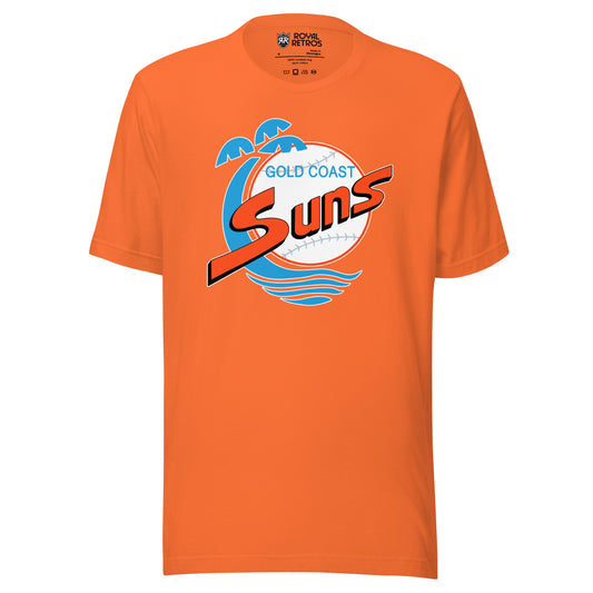 Gold Coast Suns baseball T-shirt. Orange. Stylized aqua palm tree curving to the right next to an orange circle with aqua baseball stitching. Gold Coast in aqua inside top of ball. Suns in orange, large across baseball. Royal Retros.