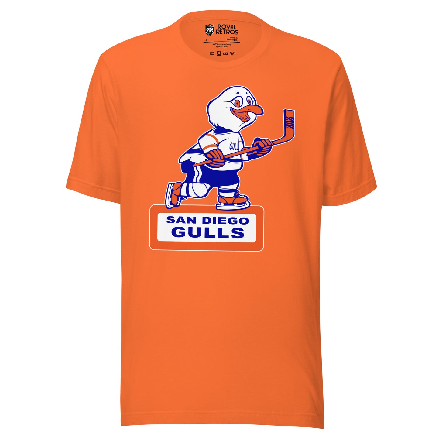San Diego Gulls T-shirt. Orange. Animated Gull, white with blue and orange trim, skating and holding a hockey stick. Orange box underneath with white background. San Diego in blue above Gulls larger in rectangle. Royal Retros