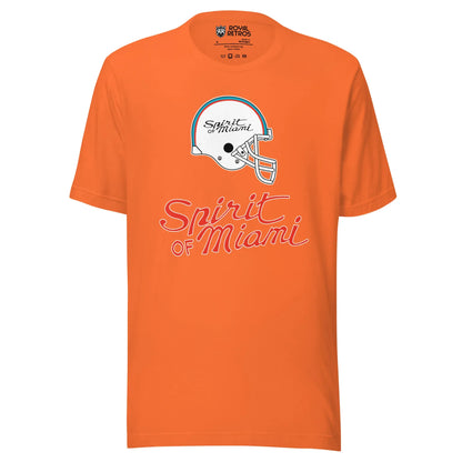 Spirit of Miami football T-shirt. Orange. Logo is white helmet in profile with blue and orange stripes. "Spirt of Miami" in orange script inside helmet and larger below. 