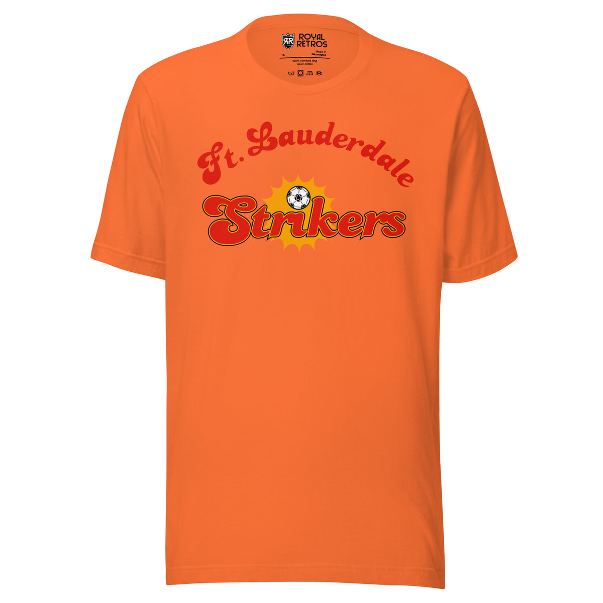 Fort Lauderdale Strikers T-shirt. Orange. Ft. Lauderdale script arched over Strikers with a soccer ball in a yellow sunburst. Royal Retros