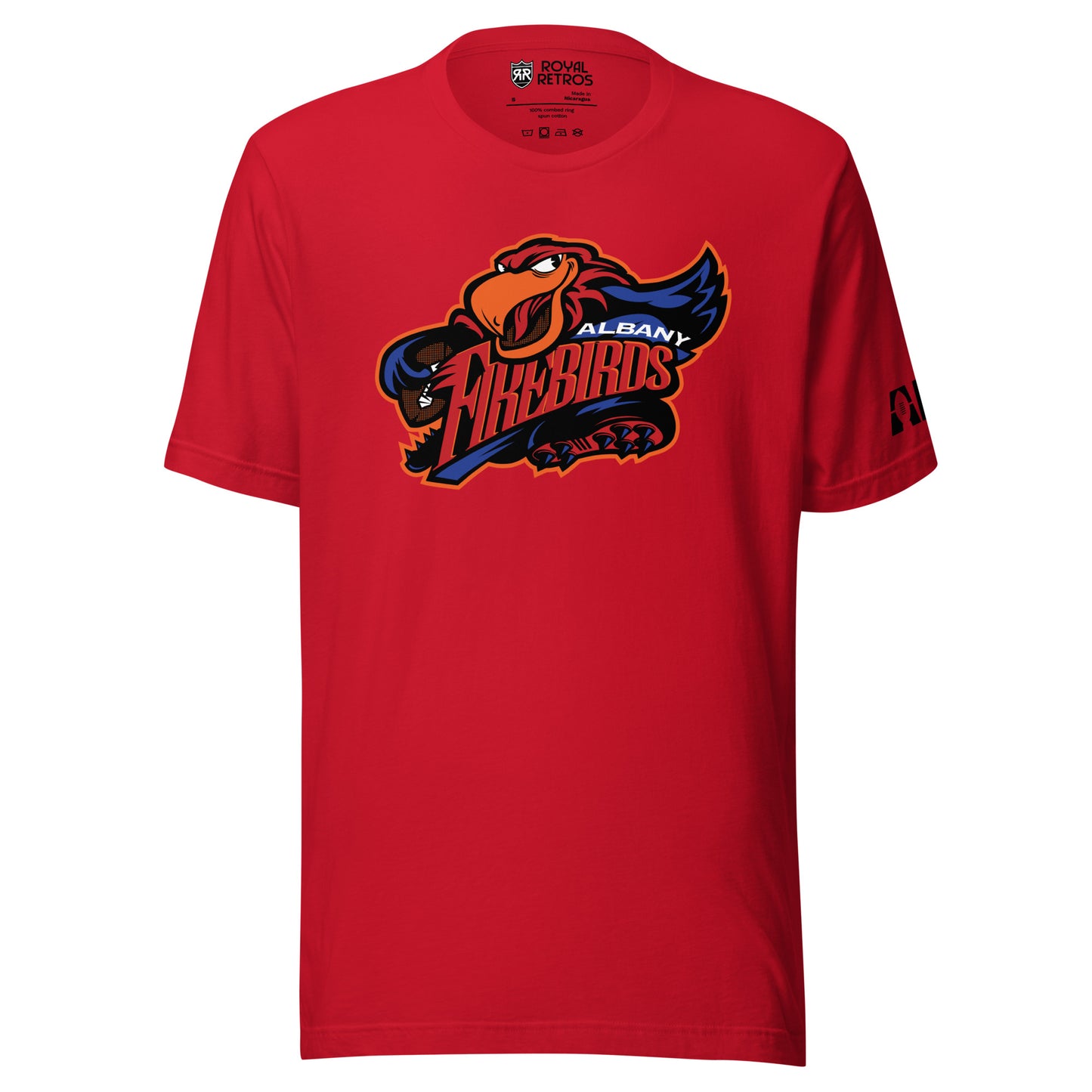 Albany Firebirds T-shirt. Red. Cartoon bird with Firebirds in red between open wings. Albany top right in white over Firebirds. Royal Retros