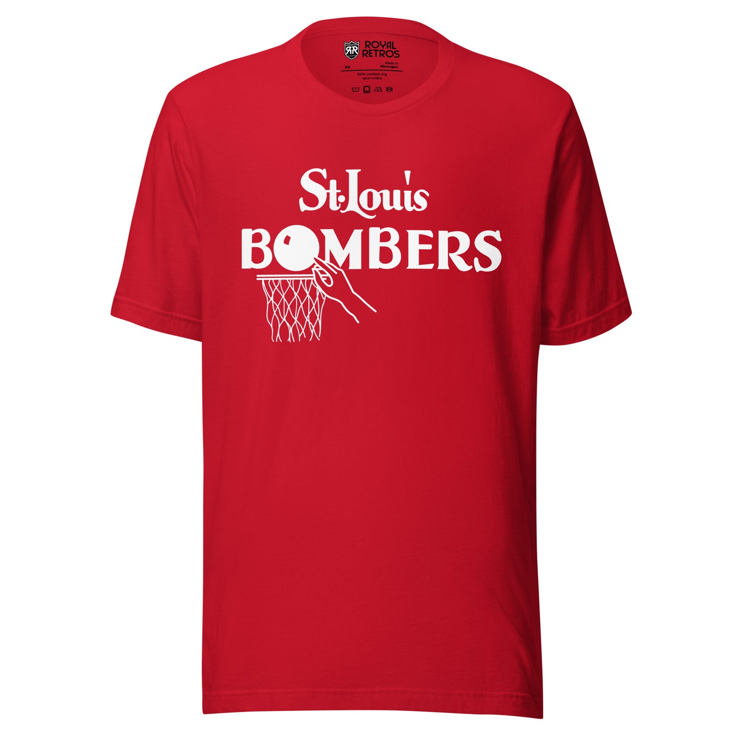 St. Louis Bombers T-shirt red. St. Louis in white above bombers in red. O is a basketball with net below. Royal Retros