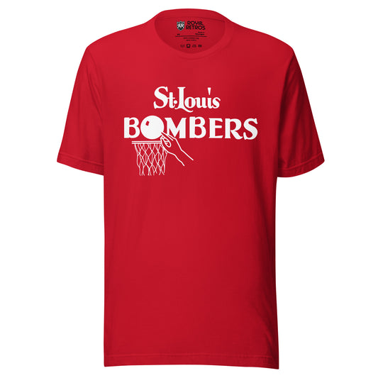 St. Louis Bombers T-shirt red. St. Louis in white above bombers in red. O is a basketball with net below. Royal Retros