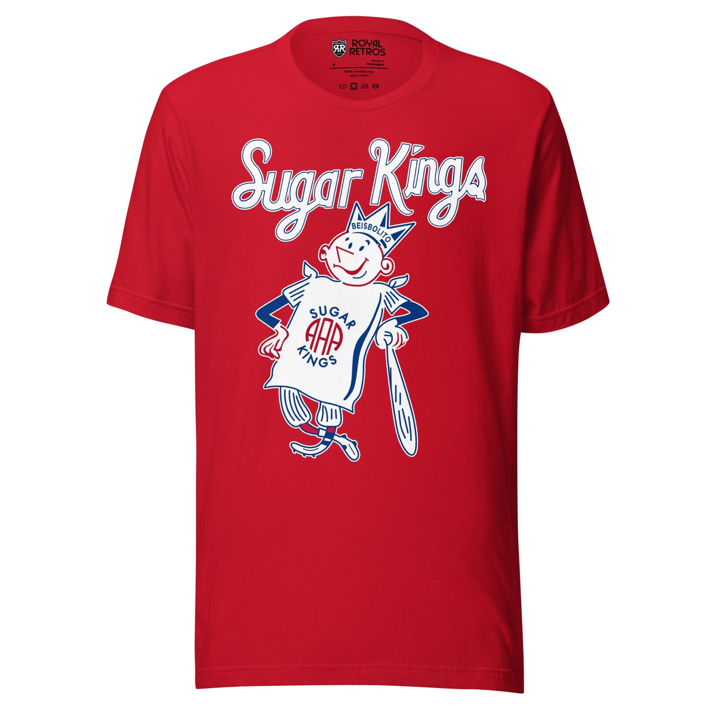 Havana Sugar Kings T-Shirt. White. Sugar Kings in  above anthropomorphic sugar bag wearing a crown and leaning on a bat. Royal Retros