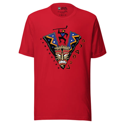 Vancouver Voodoo roller hockey T-shirt. Red. V-shaped voodoo mask. Stick-like figure holding hockey stick in gap of V. Vancouver in white down left side, Voodoo in red with white trim going up right side. Royal Retros