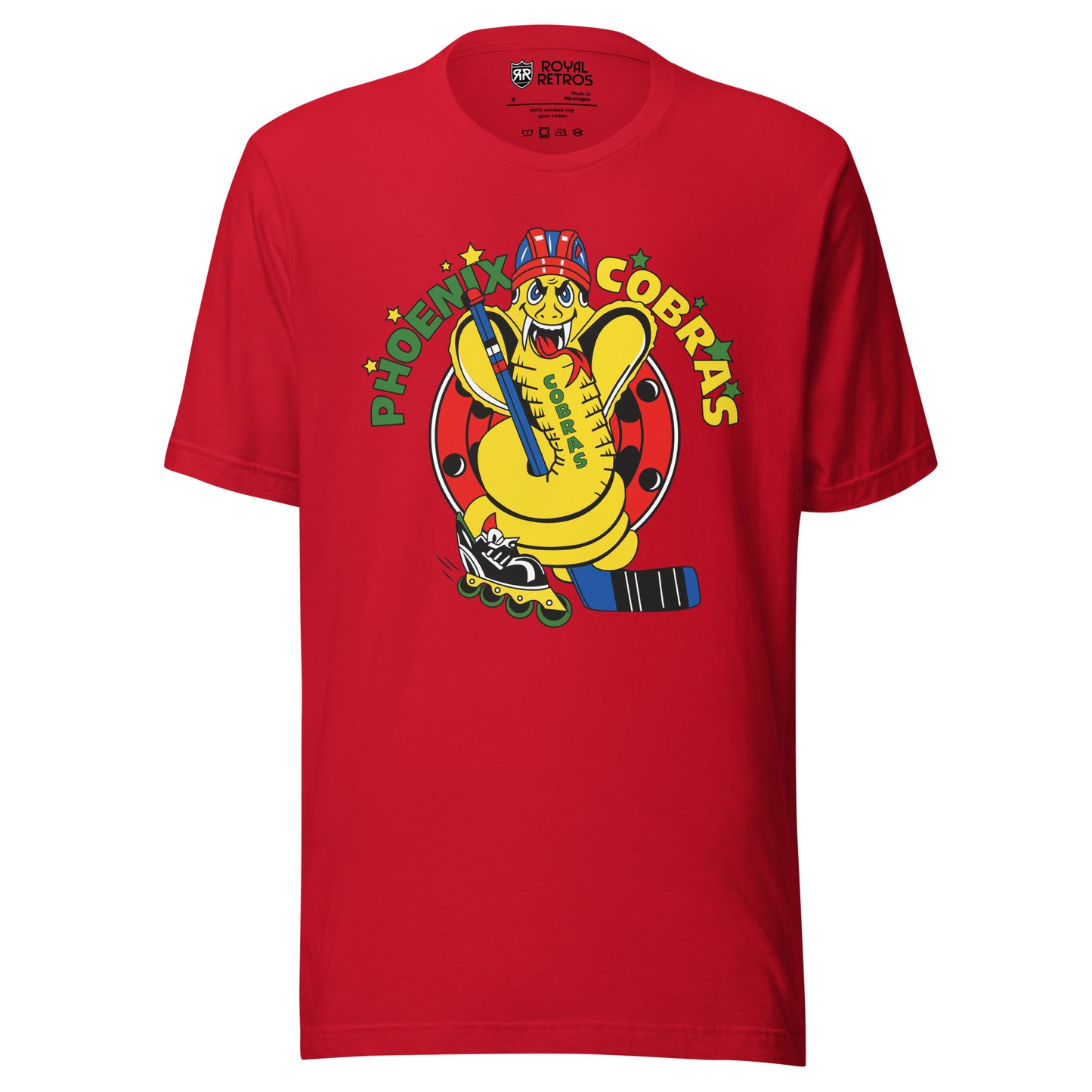 Phoenix Cobras roller hockey T-Shirt. Red. Phoenix in green arched on left, yellow Cobras arched on right. Yellow cobra between holding hockey stick and wearing a red and blue helmet and holding a blue hockey stick. Royal Retros