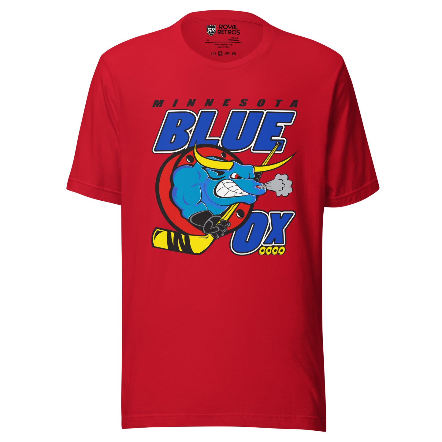 Minnesota Blue Ox roller hockey T-shirt. Red. Minnesota in black above large BLUE. Blue Ox below with hockey stick. OX in blue to the right with four gold wheels underneath. Royal Retros