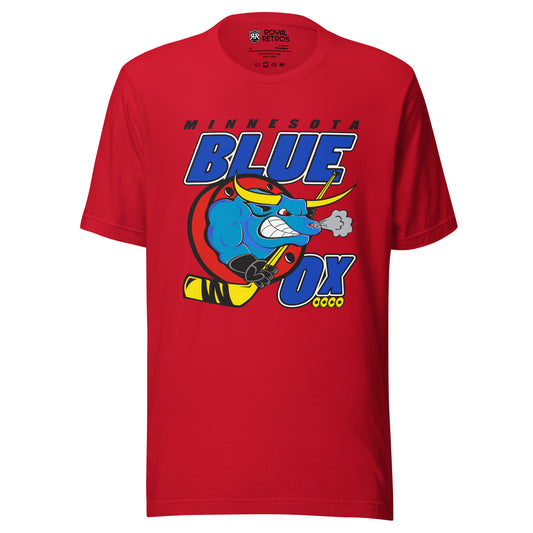 Minnesota Blue Ox roller hockey T-shirt. Red. Minnesota in black above large BLUE. Blue Ox below with hockey stick. OX in blue to the right with four gold wheels underneath. Royal Retros
