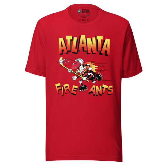 Atlanta Fire Ants roller hockey T-Shirt. Red. Atlanta half gold on top, red below above animated fire ant rollerblading to the left. Fire Ants, half yellow on top, red below under ant. Royal Retros