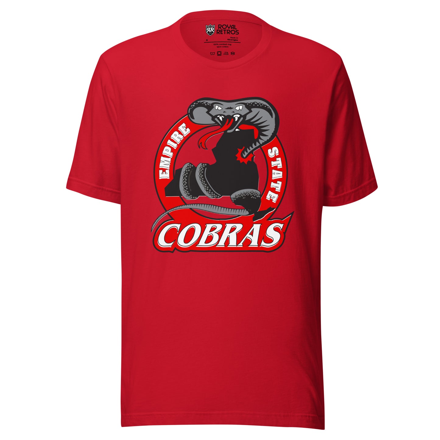 Empire State Cobras Roller Hockey T-Shirt. Red. Red Circle with Empire in white on left, State on right. Cobra wrapped around dark gray outline of New York State. Cobras in white with red outline below. Royal Retros