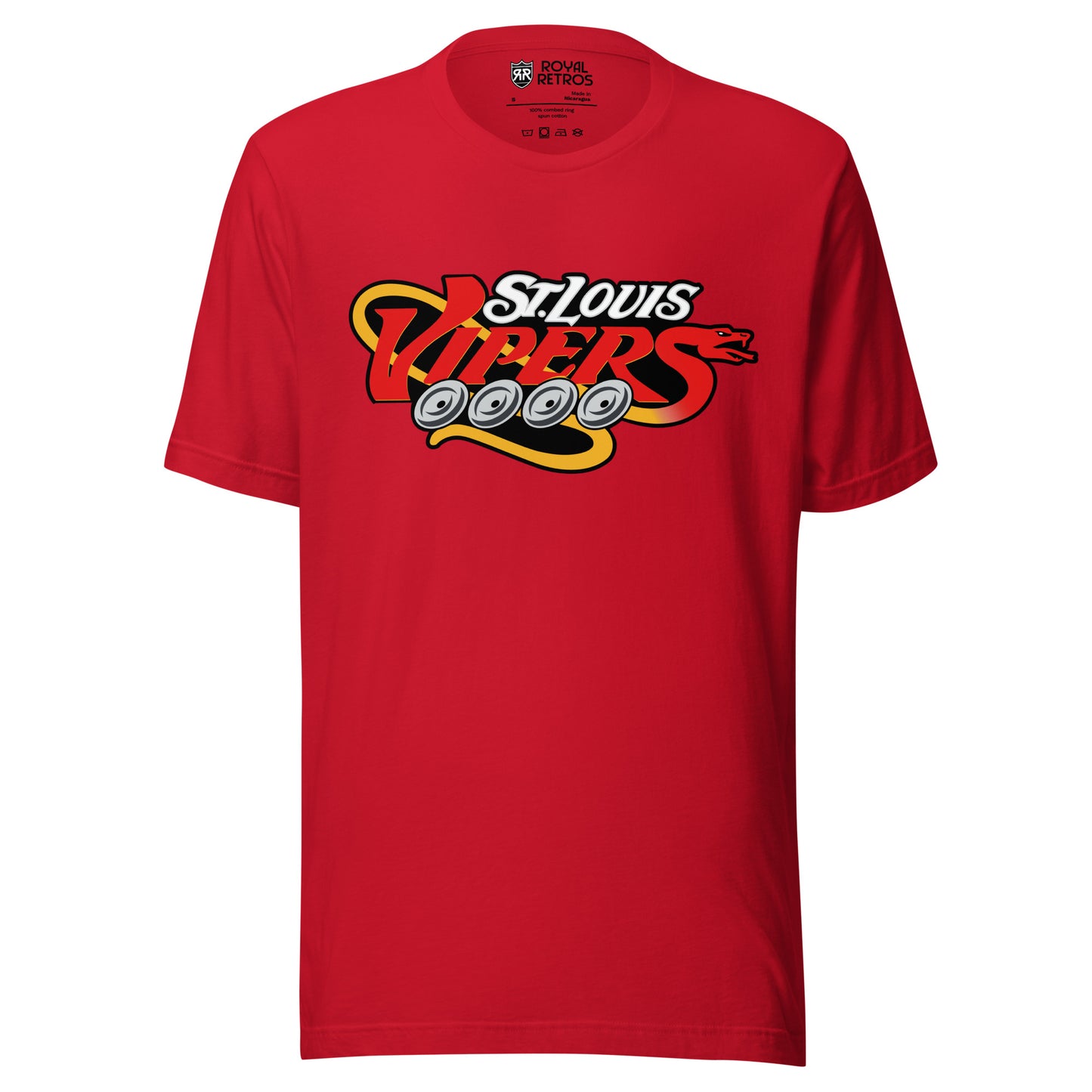 St. Louis Vipers roller hockey T-Shirt. Red. St. Louis in silver. Vipers, larger, below in red with four silver wheels underneath. Gold tail snaking off end of S in Vipers and curling around V. Royal Retros