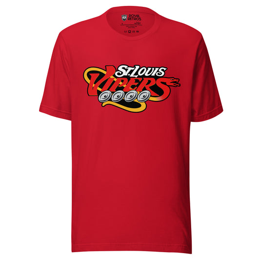 St. Louis Vipers roller hockey T-Shirt. Red. St. Louis in silver. Vipers, larger, below in red with four silver wheels underneath. Gold tail snaking off end of S in Vipers and curling around V. Royal Retros