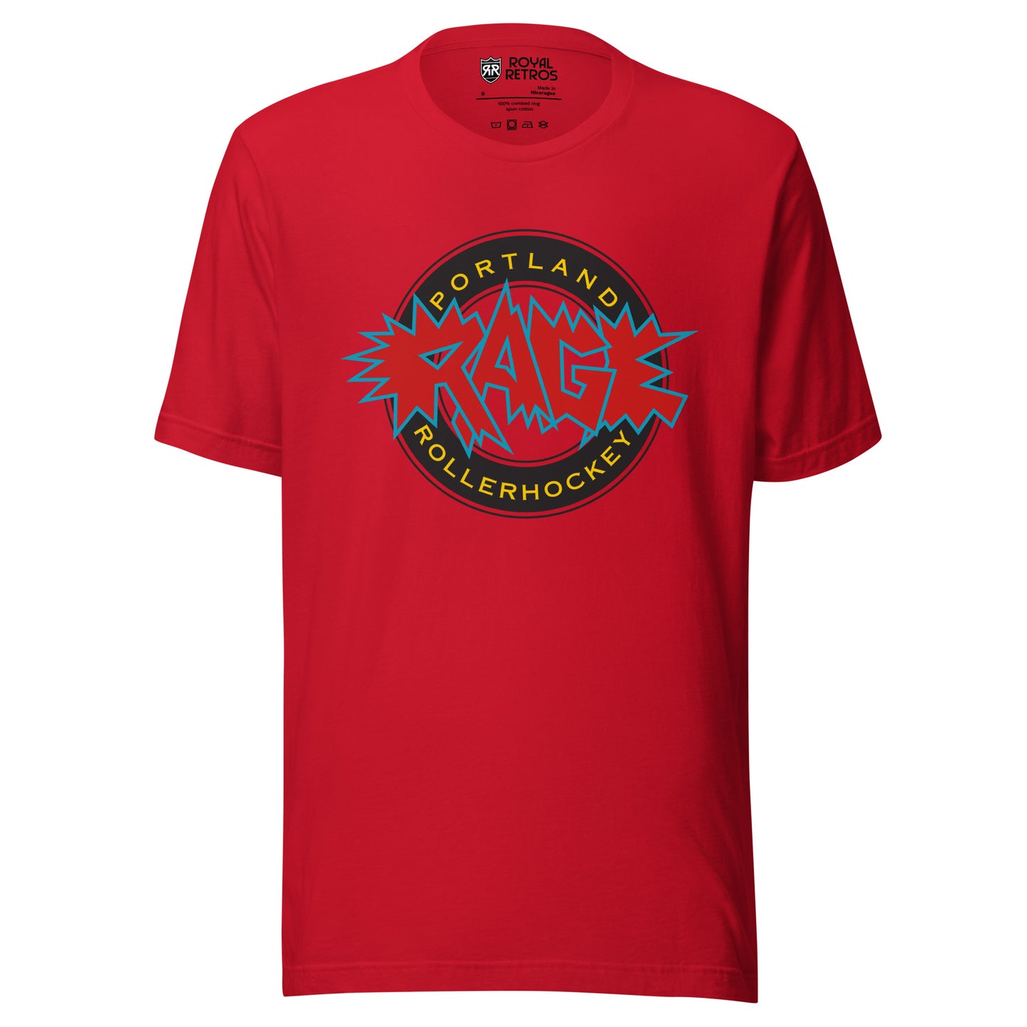 Portland Rage roller hockey T-Shirt red. Black circle, red inside. Portland in gold in top of circle, Rollerhockey below. Rage in red outlined in blue with bursts over circle. Royal Retros
