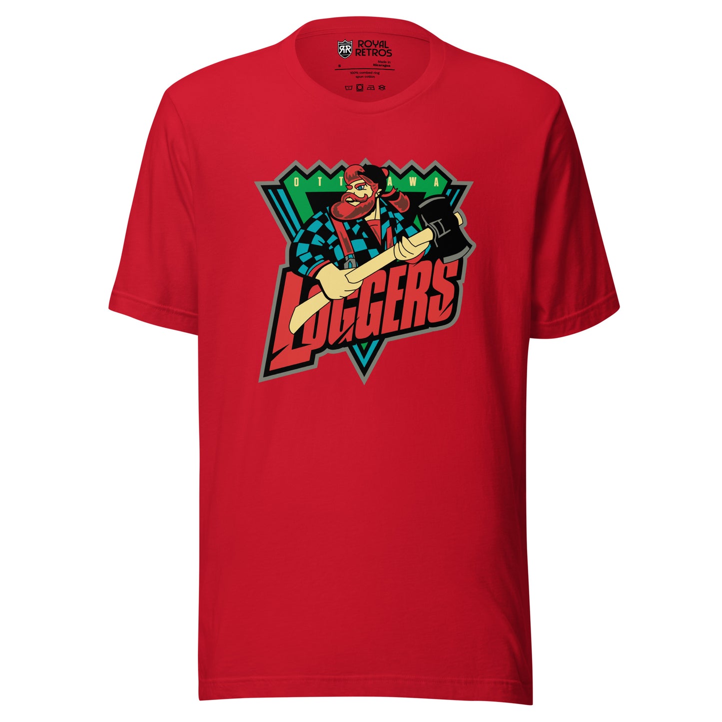 Ottawa Loggers roller hockey T-Shirt. Red. Upside down blue triangle, with jagged green top. Lumberjack chest up holding ax over triangle. OTT and AWA on either side of lumberjack's head on green jagged part. Loggers in red angled below lumberjack over bottom of triangle. Royal Retros.