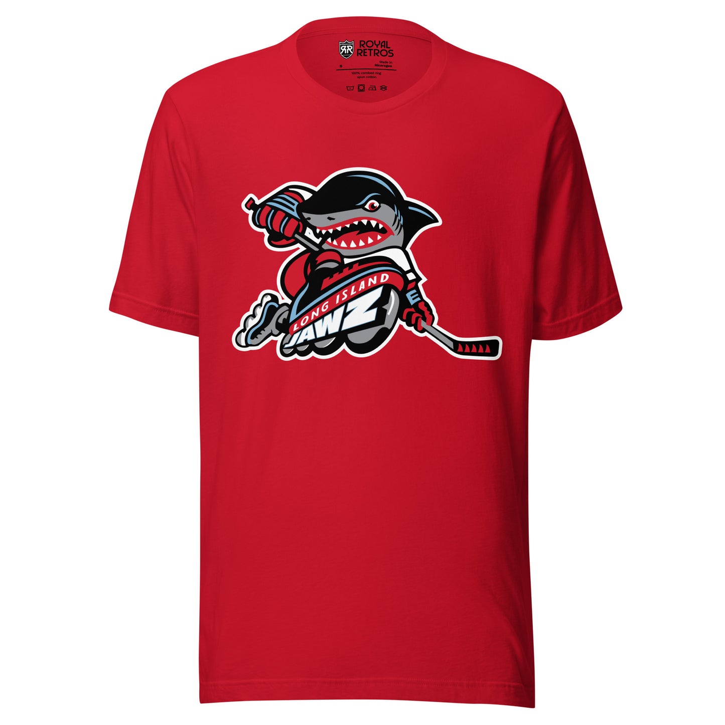Long Island Jawz roller hockey T-Shirt. Red. Menacing cartoon shark rollerblading with hockey stick. Long Island in white on red banner below, with Jawz in white, larger, below that. Royal Retros