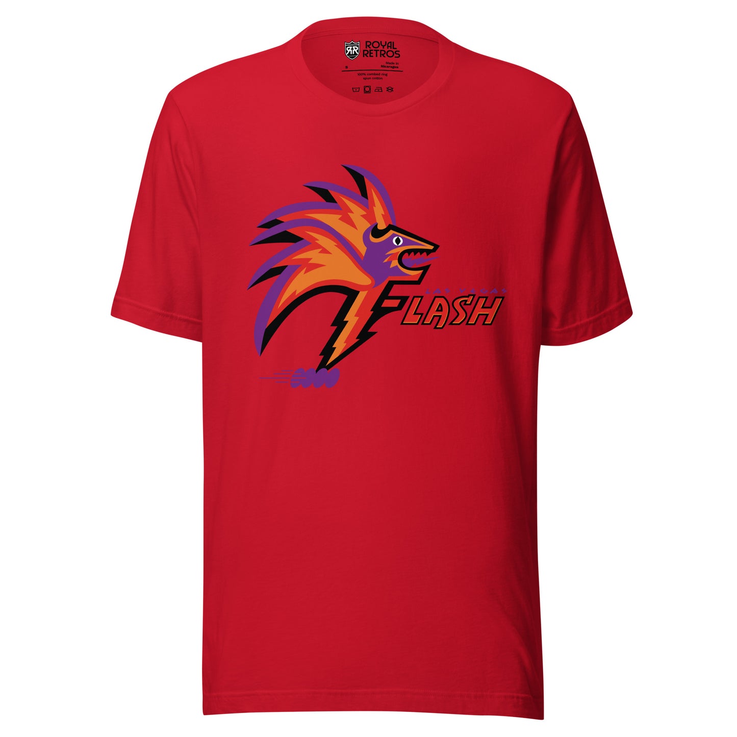 Las Vegas T-shirt red. Stylized bird head in profile. Purple face with red, orange, and purple feathers. Las Vegas in purple small over Flash in orange to right of bird head. Royal Retros