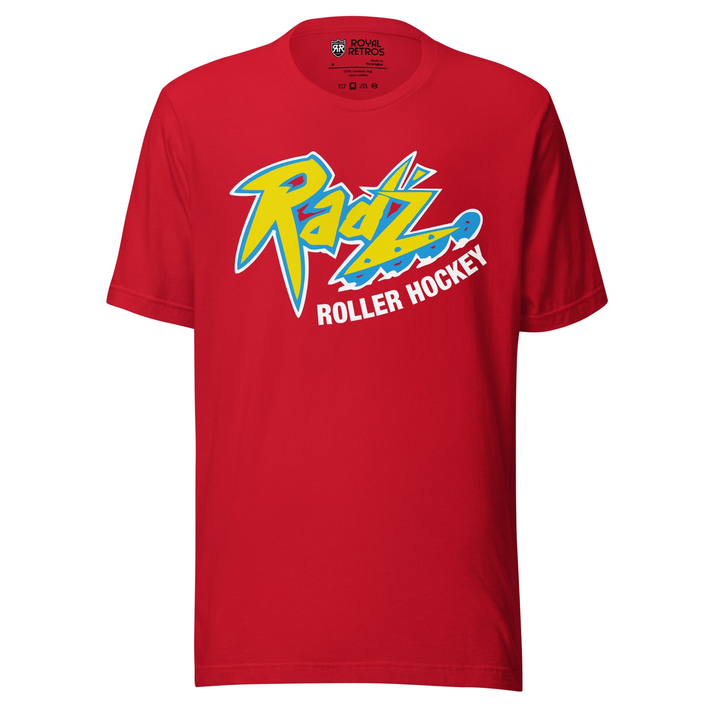 Calgary Rad'z Roller Hockey T-Shirt. Red. Stylized Rad'z in yellow with red and blue trim. Rollerblade wheels on bottom of Z. Roller Hockey in red below main logo. Royal Retros