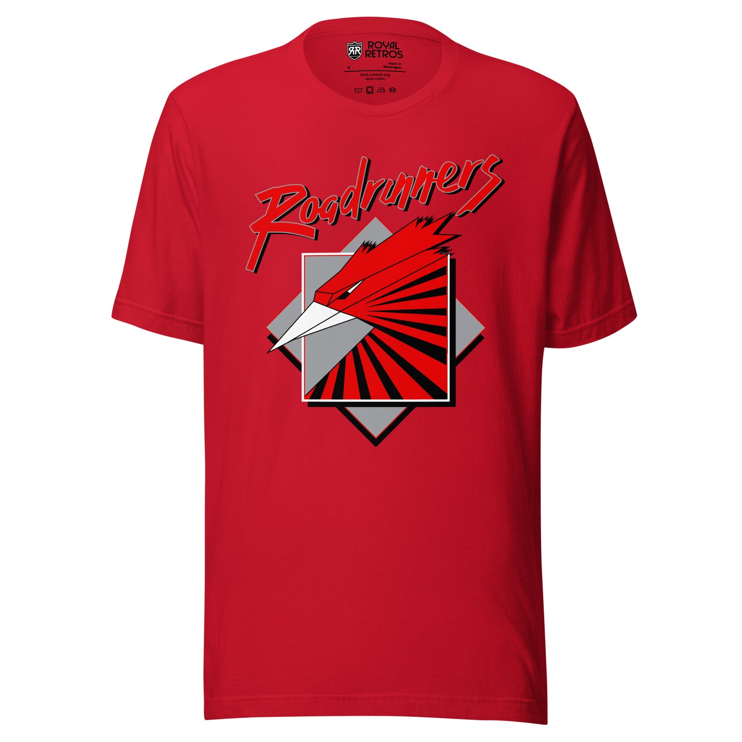 Montreal Roadrunners roller hockey T-shirt. Red. Stylized roadrunner head facing left. Silver beak, red and black feathers in gray square over gray diamond. Stylized Roadrunners across top in red at an angle. Royal Retros
