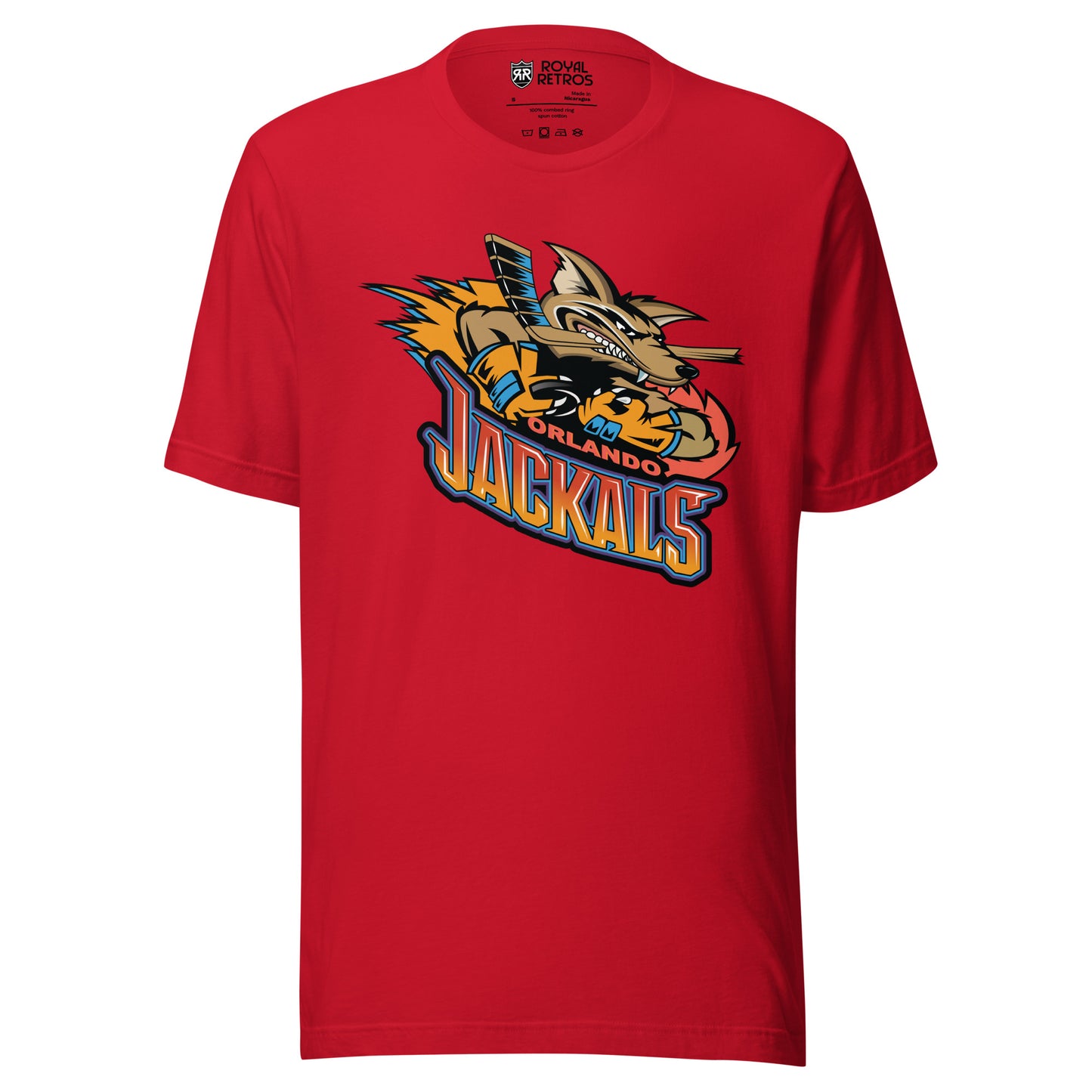 Orlando Jackals roller hockey T-shirt. Red. Jackal holding hockey stick, with flames to the left. Orlando in red small just under jackal, JACKALS in red on top orange on bottom below. Royal Retros