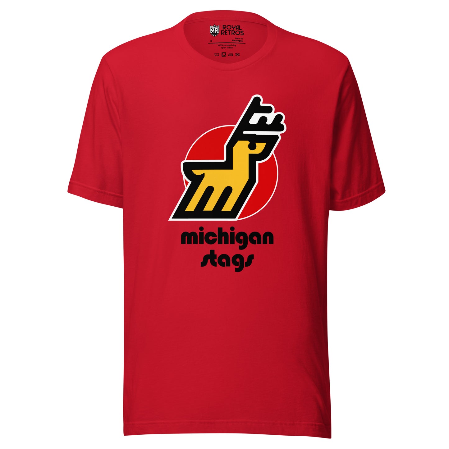 Michigan Stags WHA T-shirt. Red. Stylized stag over red circle. Legs form "M." Michigan above Stags below in black in Bauhaus 93 typeface. Royal Retros