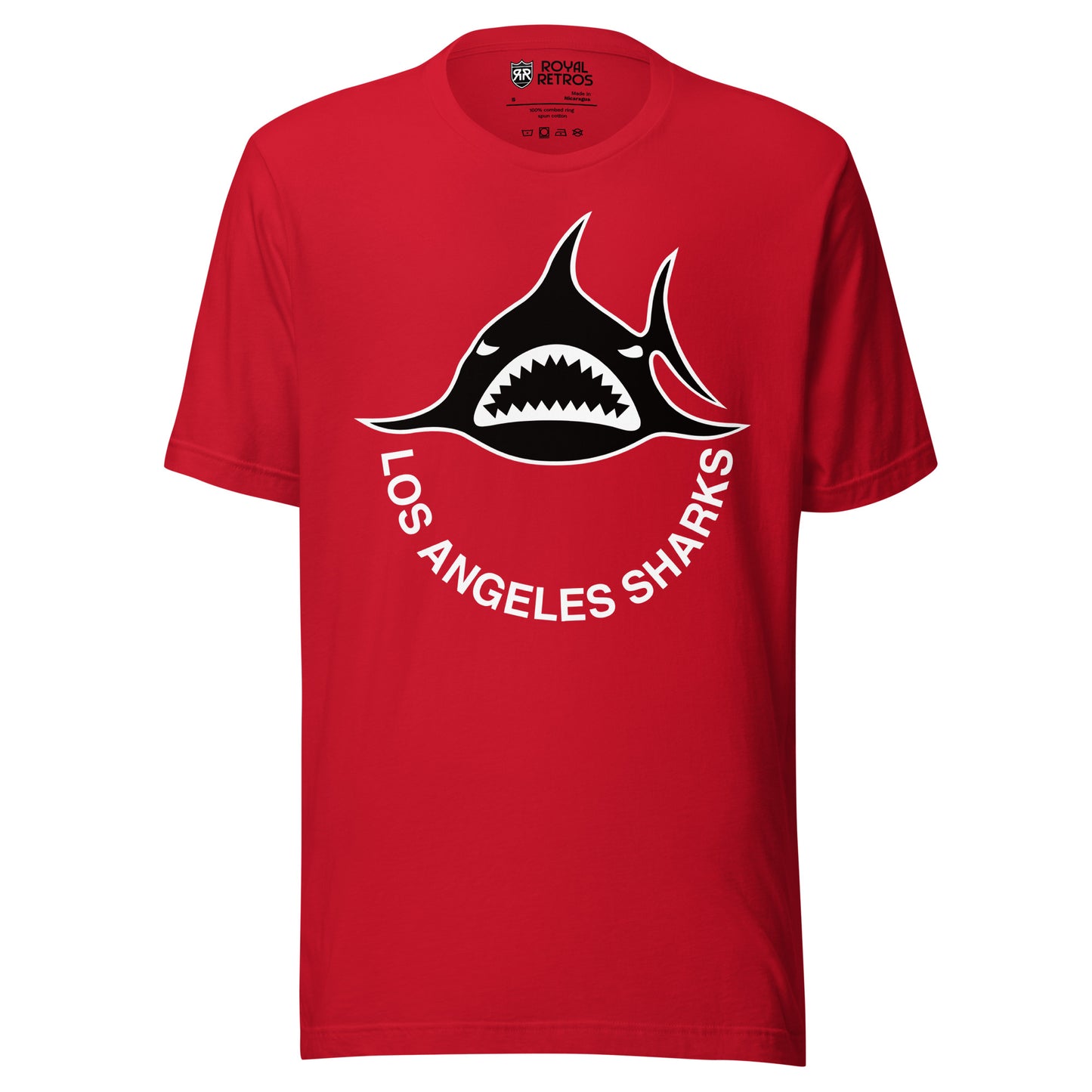 Los Angeles Sharks. WHA T-shirt. Black. Black shark, straight on, with white teeth.  Los Angeles Sharks curved below in white. Royal Retros