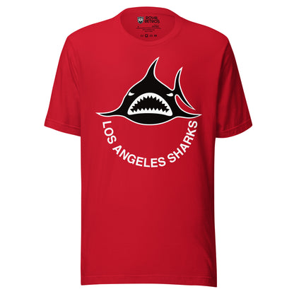 Los Angeles Sharks. WHA T-shirt. Black. Black shark, straight on, with white teeth.  Los Angeles Sharks curved below in white. Royal Retros
