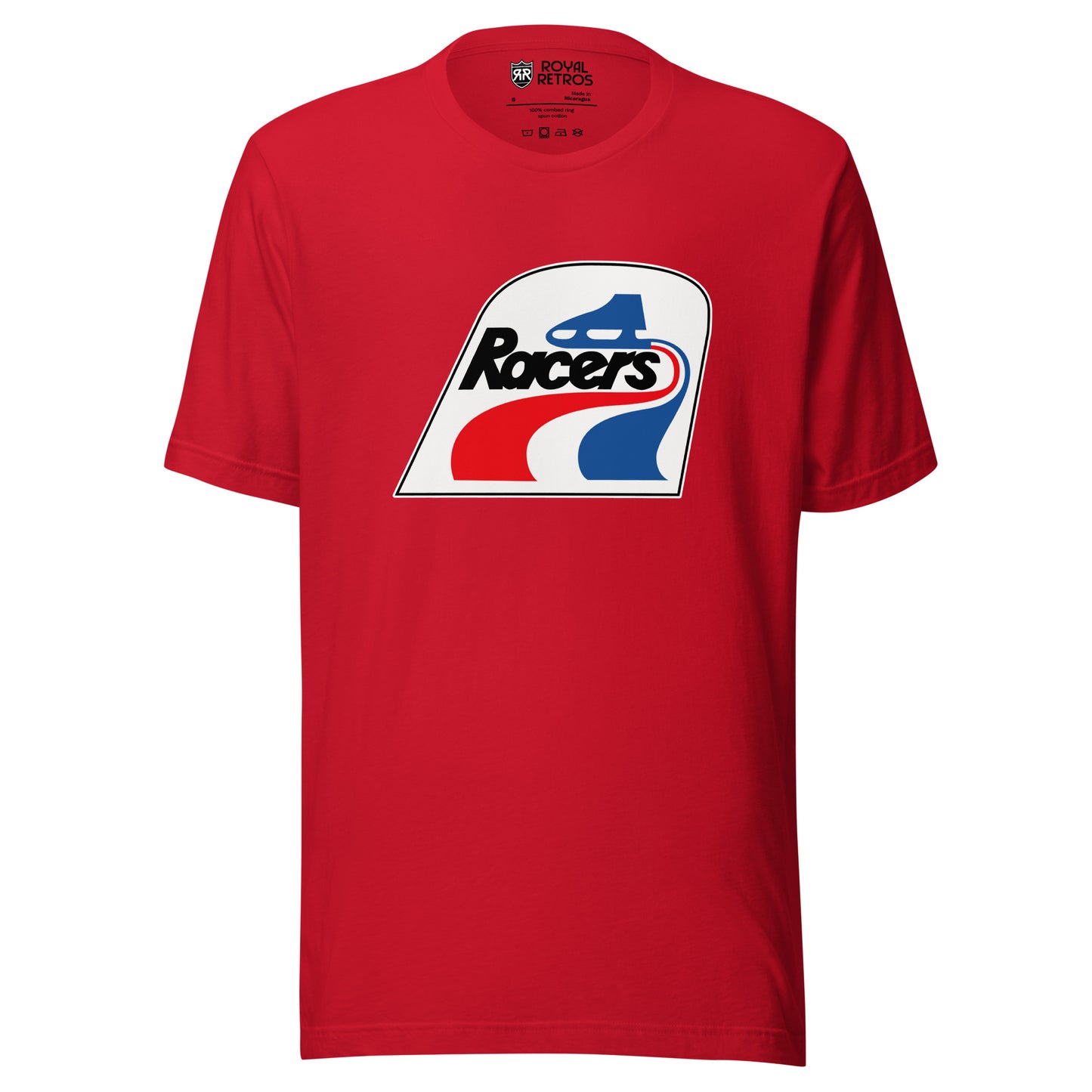 Indianapolis Racers WHA T-shirt. Red. Logo is white square with curved top. Blue skate making red and blue waves. Racers in black below skate and above waves. Royal Retros