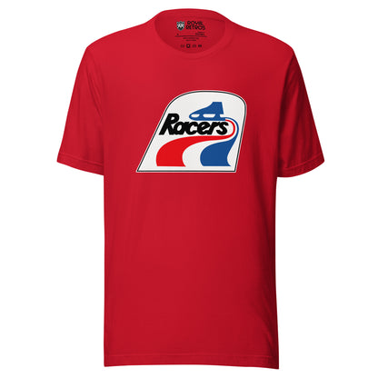 Indianapolis Racers WHA T-shirt. Red. Logo is white square with curved top. Blue skate making red and blue waves. Racers in black below skate and above waves. Royal Retros