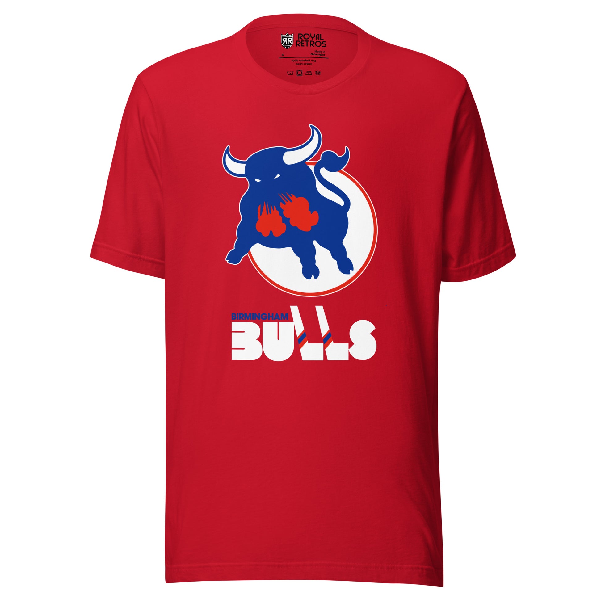 WHA Birmingham Bulls logo T-shirt. Red. Blue bull snorting red steam on white circle. Birmingham small over large BULLS, Ls are hockey sticks. Royal Retros