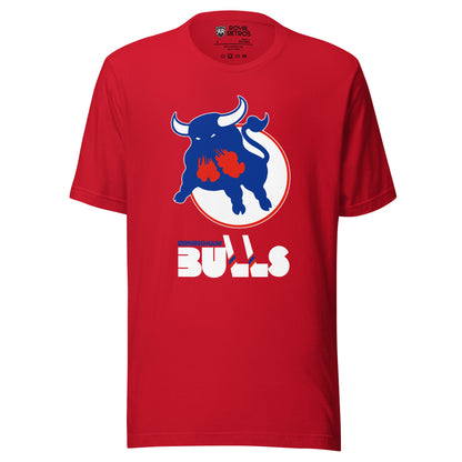 WHA Birmingham Bulls logo T-shirt. Red. Blue bull snorting red steam on white circle. Birmingham small over large BULLS, Ls are hockey sticks. Royal Retros