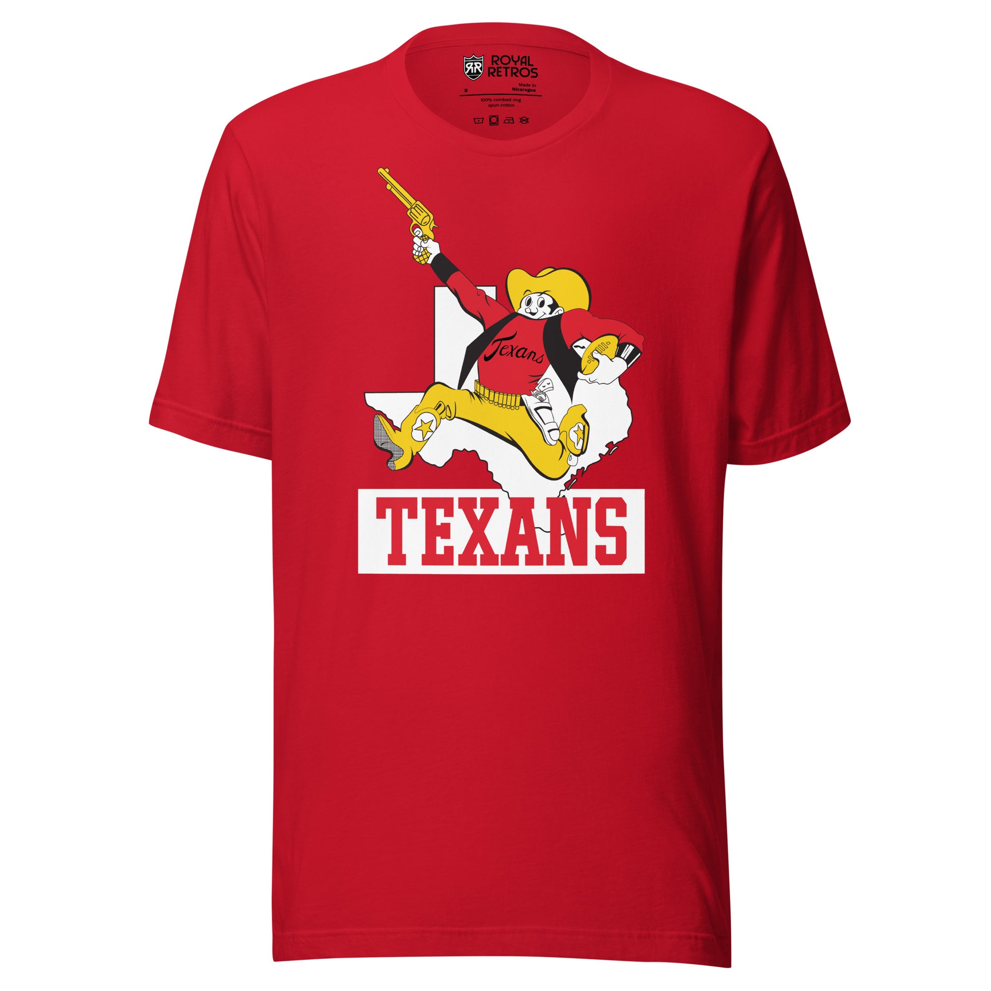 Dallas Texans AFL T-shirt. Red. Cartoon cowboy in gold hat, red shirt, gold pants and boots, running with revolver in right hand football under left arm. White outline of Texas behind. Texans in red on white rectangle. Royal Retros.