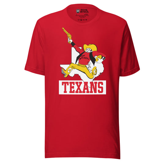 Dallas Texans AFL T-shirt. Red. Cartoon cowboy in gold hat, red shirt, gold pants and boots, running with revolver in right hand football under left arm. White outline of Texas behind. Texans in red on white rectangle. Royal Retros.