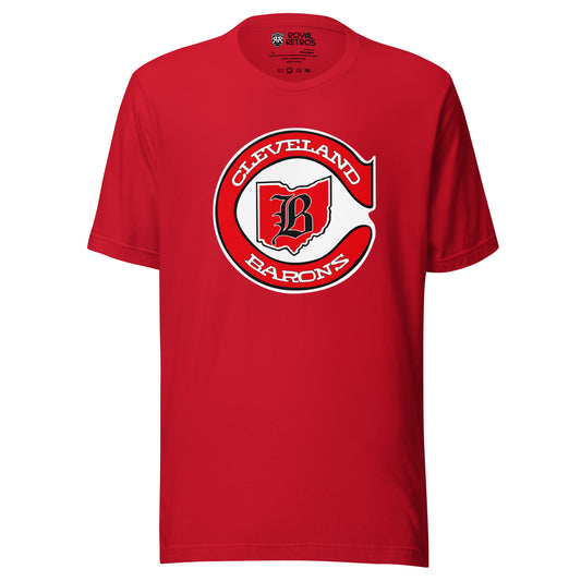 Cleveland Barons 1976 hockey T-shirt. Red. Red C with Cleveland in white inside top of C, Barons in white in lower part of C. Inside C is Ohio background in red with B in old English typeface overtop. White background inside. Royal Retros
