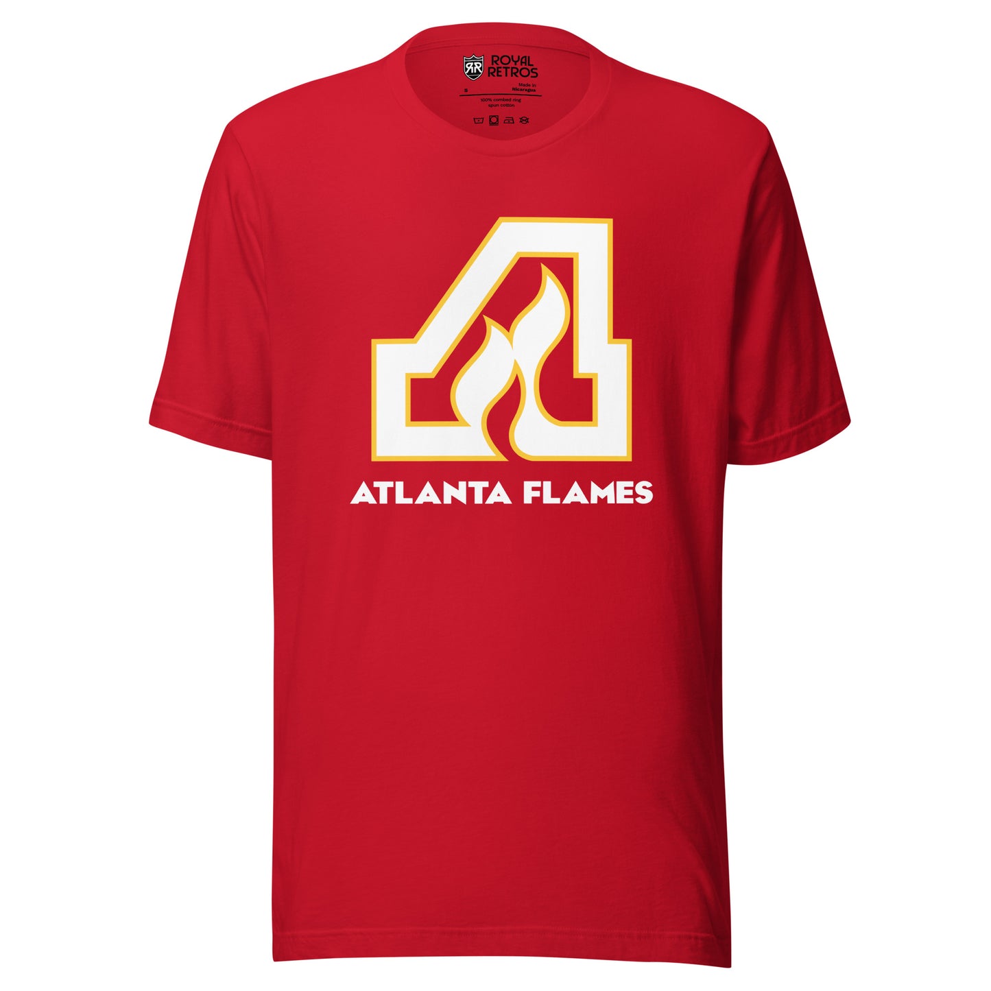 Atlanta Flames T-shirt. Red. Large white A with gold trim with flames coming up into letter. Atlanta Flames in white below. Royal Retros