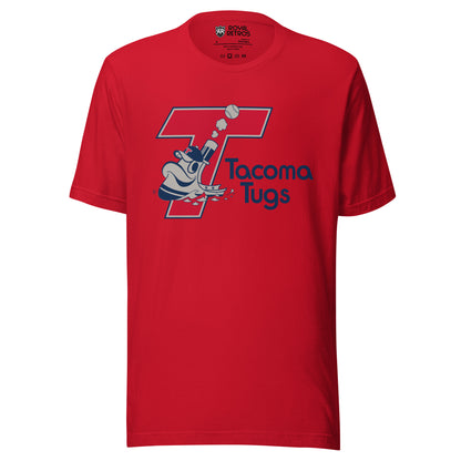 Tacoma Tugs T-shirt red.  Angled red T with blue and white trim. Animated blue and white tig going across bottom of T. Tacoma Tugs in blue in Cascadia typeface to right of T. Royal Retros