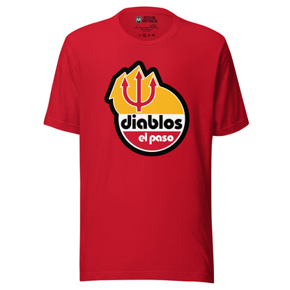 El Paso Diablos baseball T-shirt. Red. Diablos logo with red pitchfork on gold background. Diablos lowercase black on white background in Bauhaus typeface above el paso lowercase in white on red background in Bauhaus typeface. Royal Retros