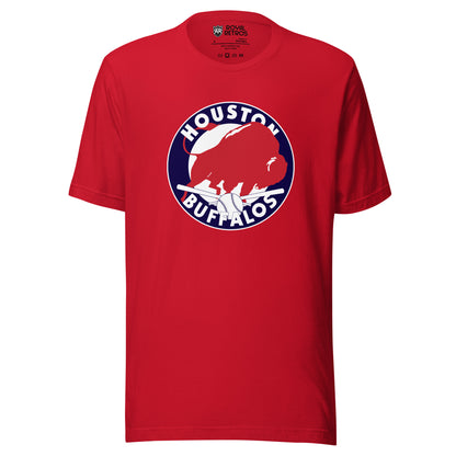 Houston Buffalos baseball T-shirt  Red. White circle with blue border inside, Houston arched in white inside top, Buffalos arched up white at bottom of circle. White background inside of circle. Red buffalo to the right inside. Royal Retros