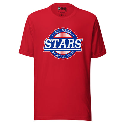 Las Vegas Stars baseball T-shirt red. White circle with orange trim, Stars in white underlined across middle. Las Vegas in white inside top of circle, Baseball Club in white below inside circle. Royal Retros. 