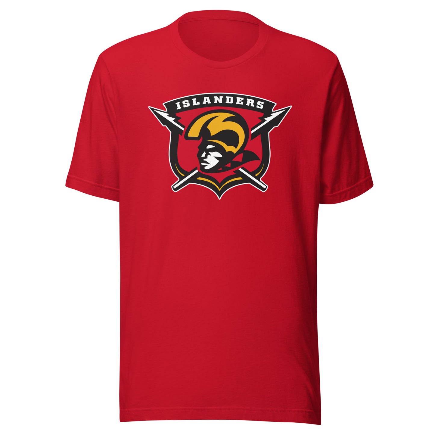 Hawaiian Islanders af2 arena football T-shirt. Red. Shield. Islanders in white at top of shield. Red inside. Spears protruding from left and right of shield. Warrior head with gold headgear facing left. Royal Retros