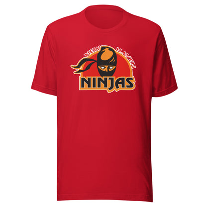 New Haven Ninjas af2 arena football T-shirt. Red.  New Haven in red separated by ninja head over red field. Ninjas in black below. Royal Retros.