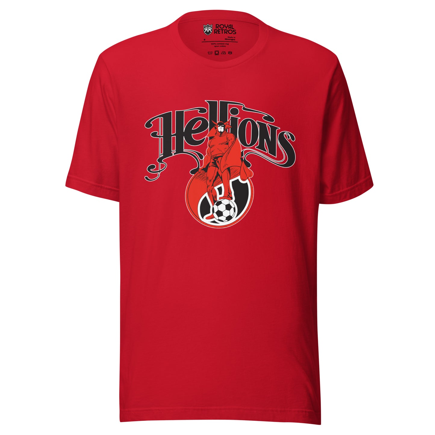 Hartford Hellions Major Indoor Soccer League MISL T-shirt. Red. Stylized Hellions in black above red beast over small soccer ball. Royal Retros.