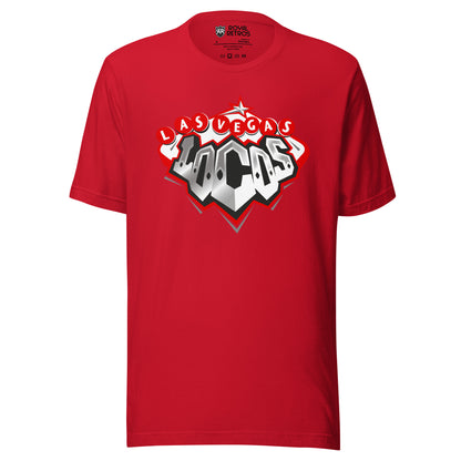 Las Vegas Locomotives UFL-2009 T-shirt red. Diamond shaped logo with red trim features Las Vegas spelled out in white letters on red circles across top. Silver star at very top of diamond. Locos in silver, letters form a cow-catcher at bottom of diamond. Royal Retros